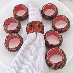 8 Beaded red & green napkin ring set Christmas